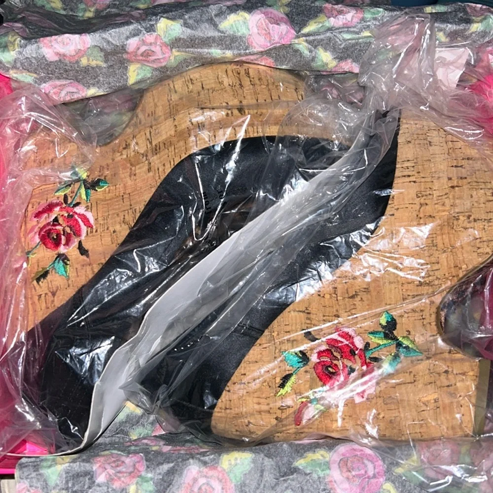 Betsey Johnson Black Satin Cork Wedges with Red Rose Embroidery